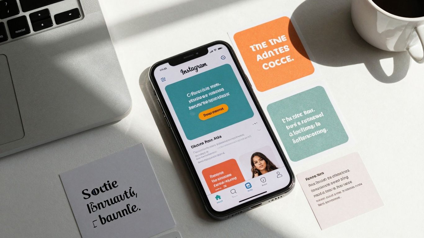 Instagram feed with quote graphics and smartphone.