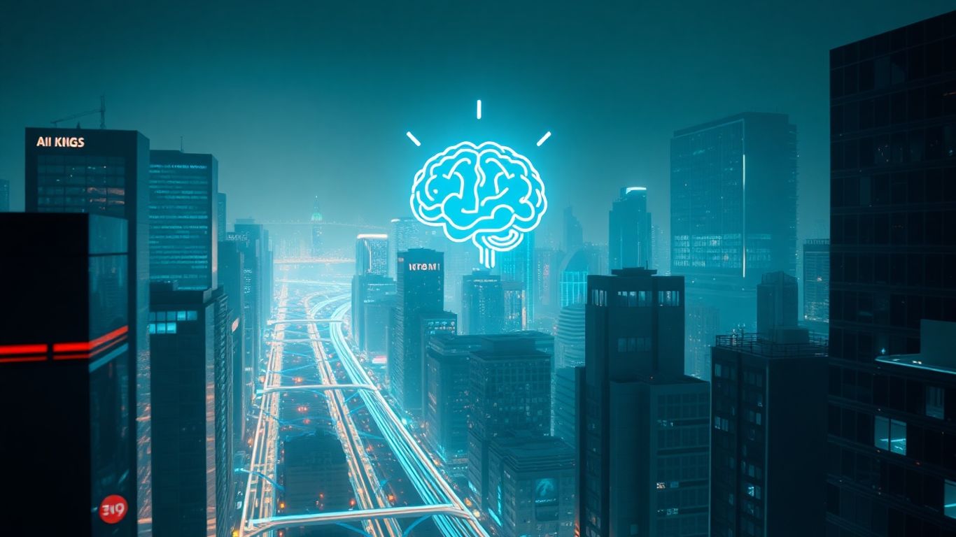 Ciudad futurista con flujos digitales y cerebro IA.