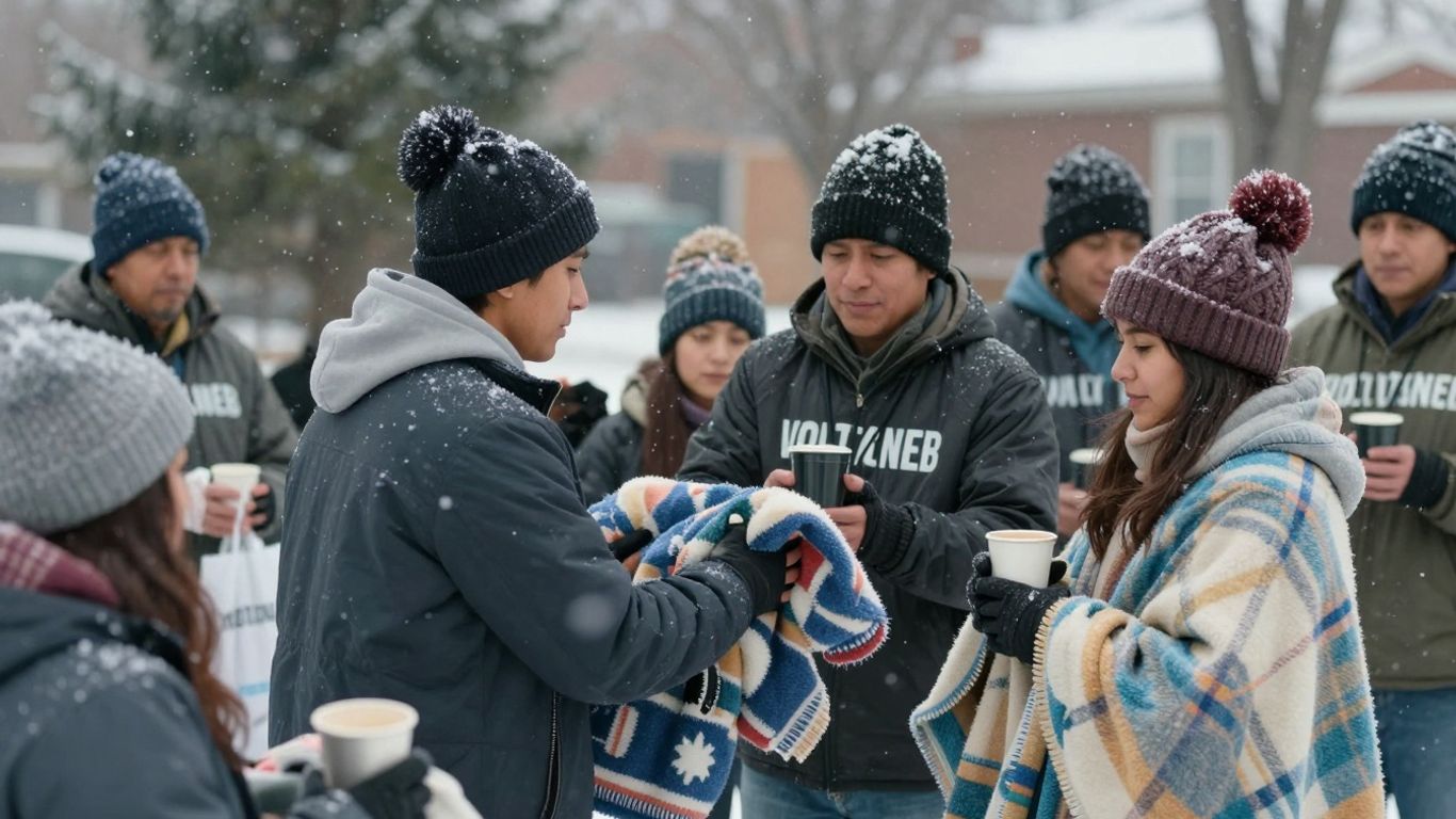 Volunteers give blankets and hot drinks to people in the cold.