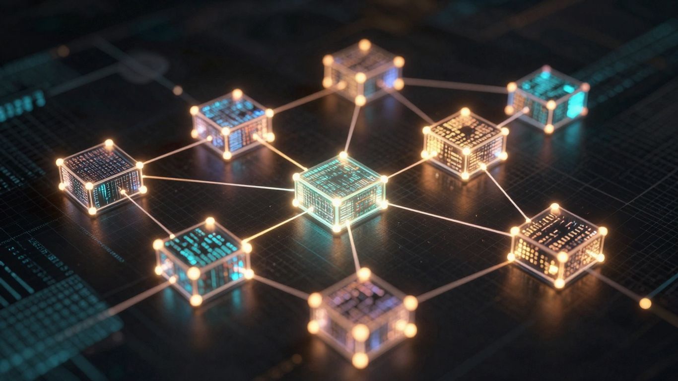 Interconnected blocks forming a secure digital ledger chain.