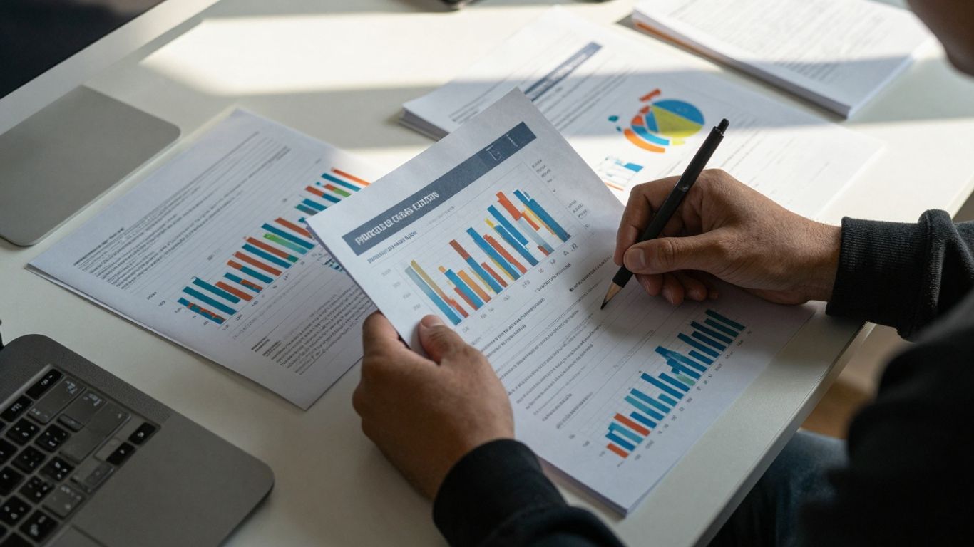 Person organisiert Finanzen am Schreibtisch mit Dokumenten.