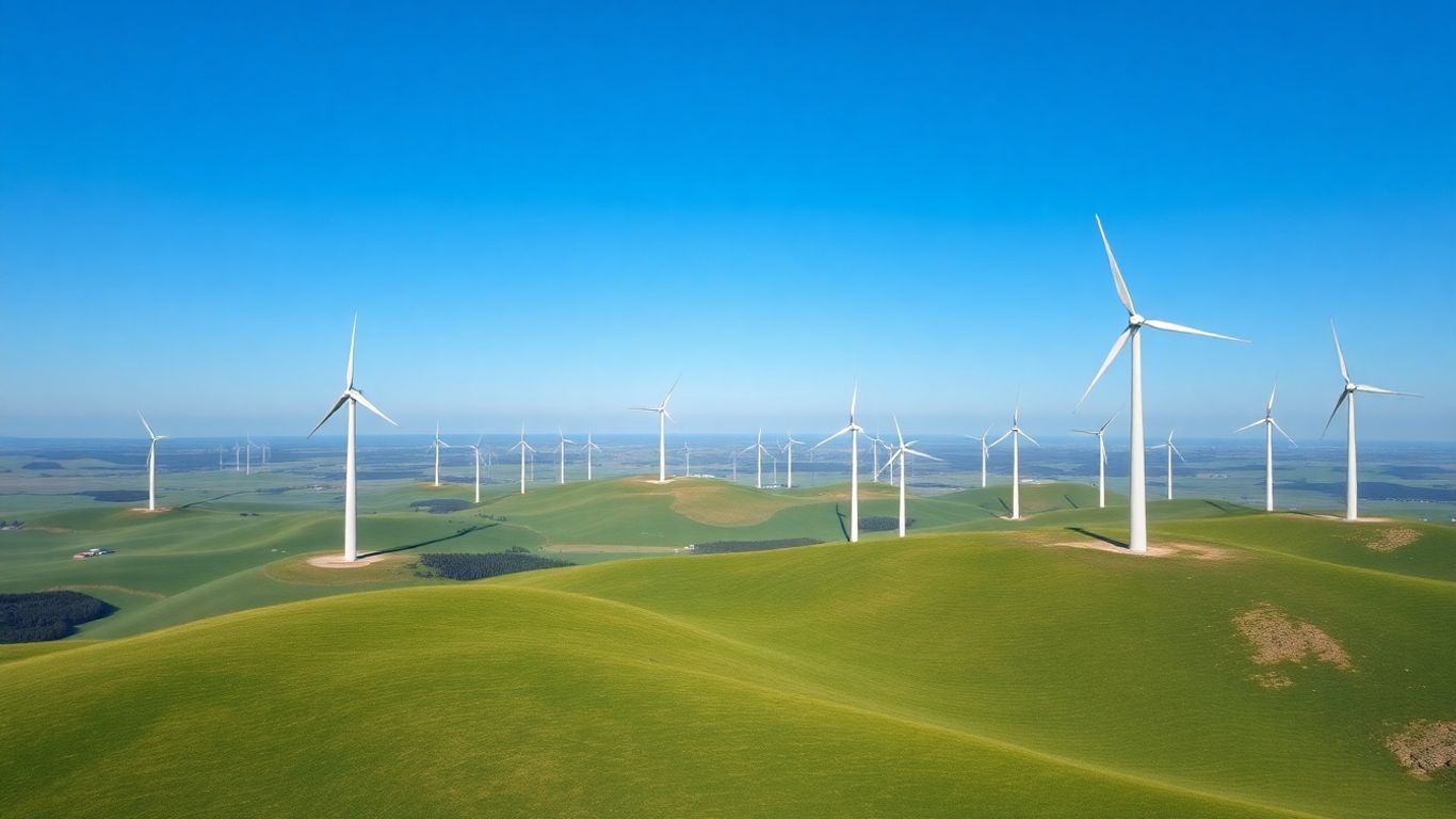 Champs d'éoliennes dans un paysage verdoyant.