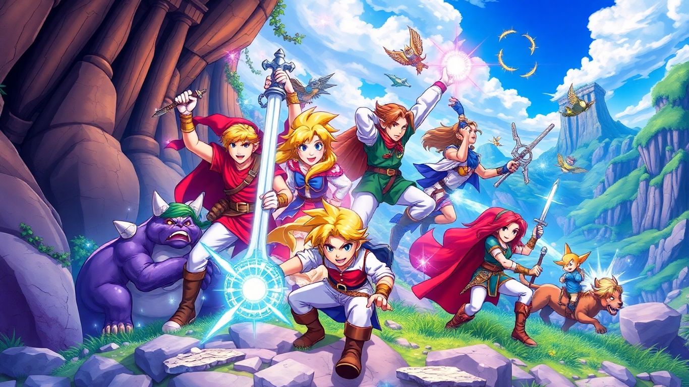 Iconic SNES RPG characters in a fantastical adventure scene.
