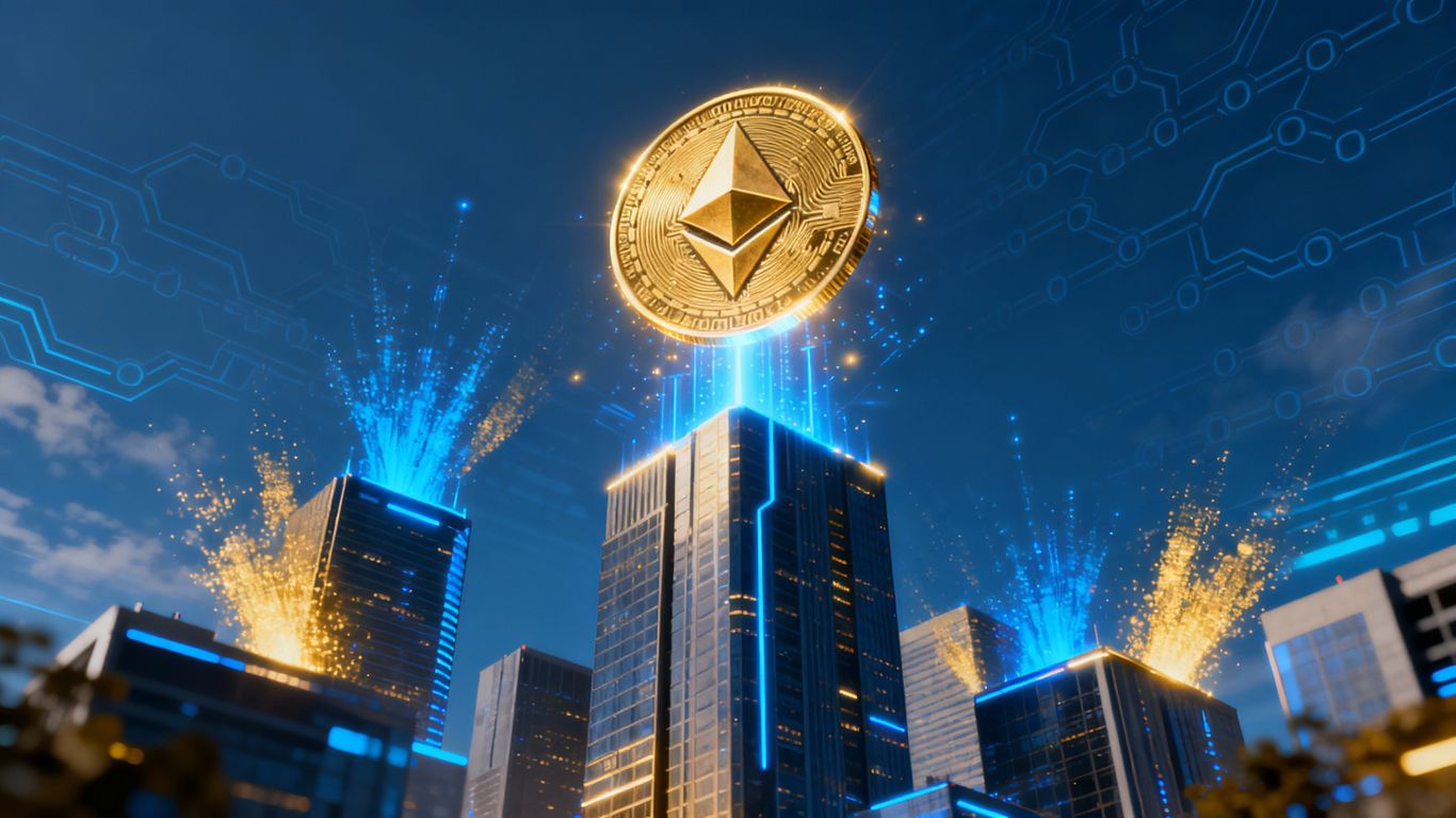 Ethereum coin glowing above futuristic city skyline