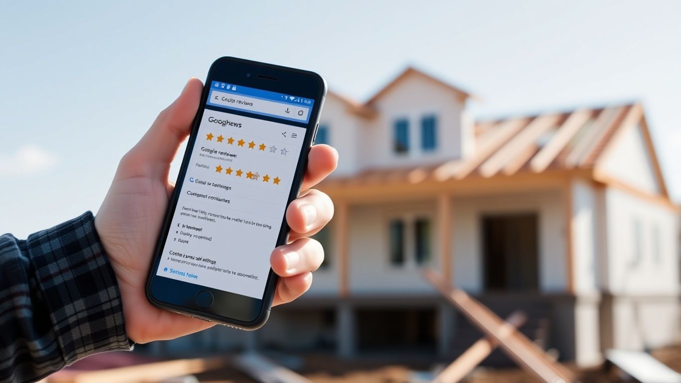 Contractor showing positive Google review on phone.