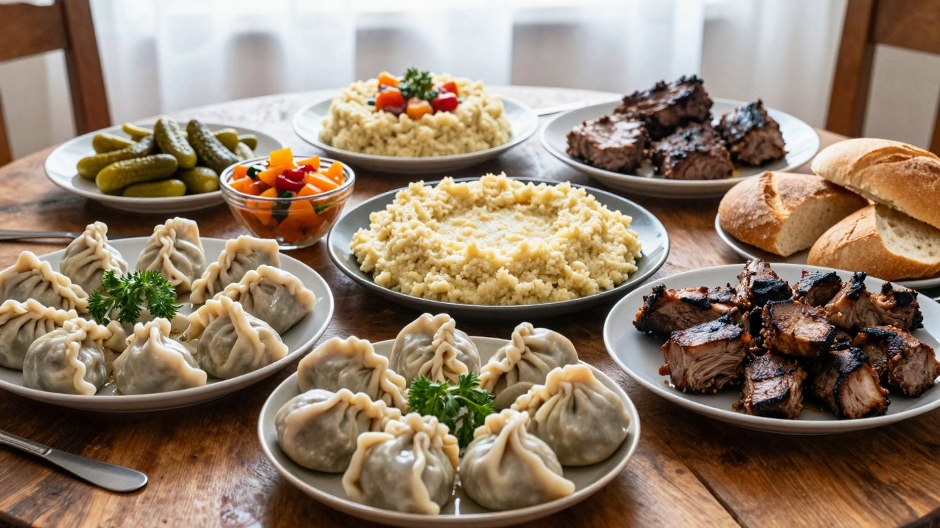 Masa cu bucate tradiționale românești și legume colorate.