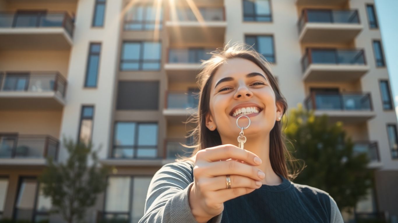 Persona feliz con llaves frente a un apartamento.