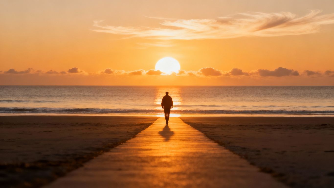 Person walking towards a sunrise over the ocean.