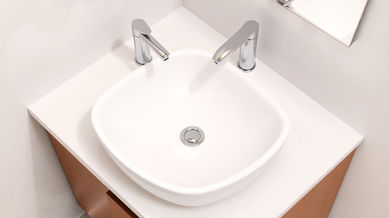 Modern bathroom vanity wash hand basin with chrome faucet.