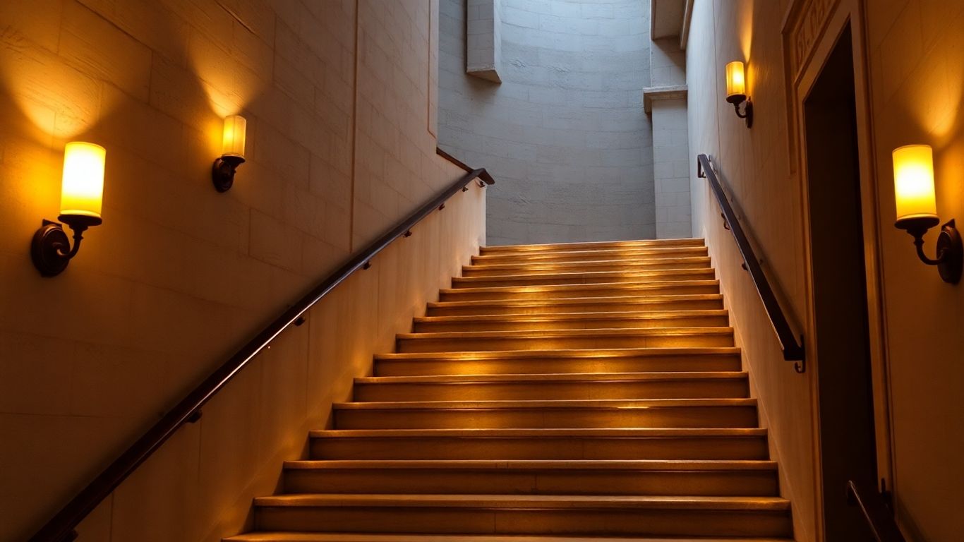 Illuminated staircase walls with warm ambient lighting.