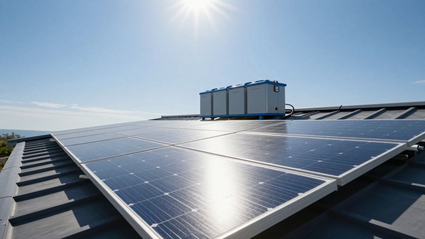 Rooftop solar panels and battery storage system.