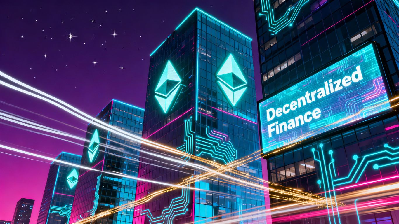 Ethereum symbols in a digital cityscape.