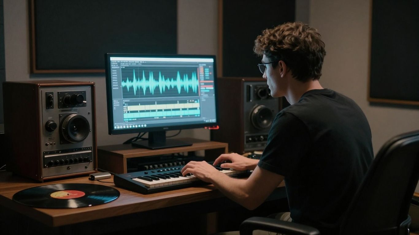 Producer working in a dimly lit studio.