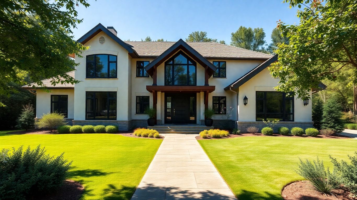 Modern custom home with large windows and landscaping.