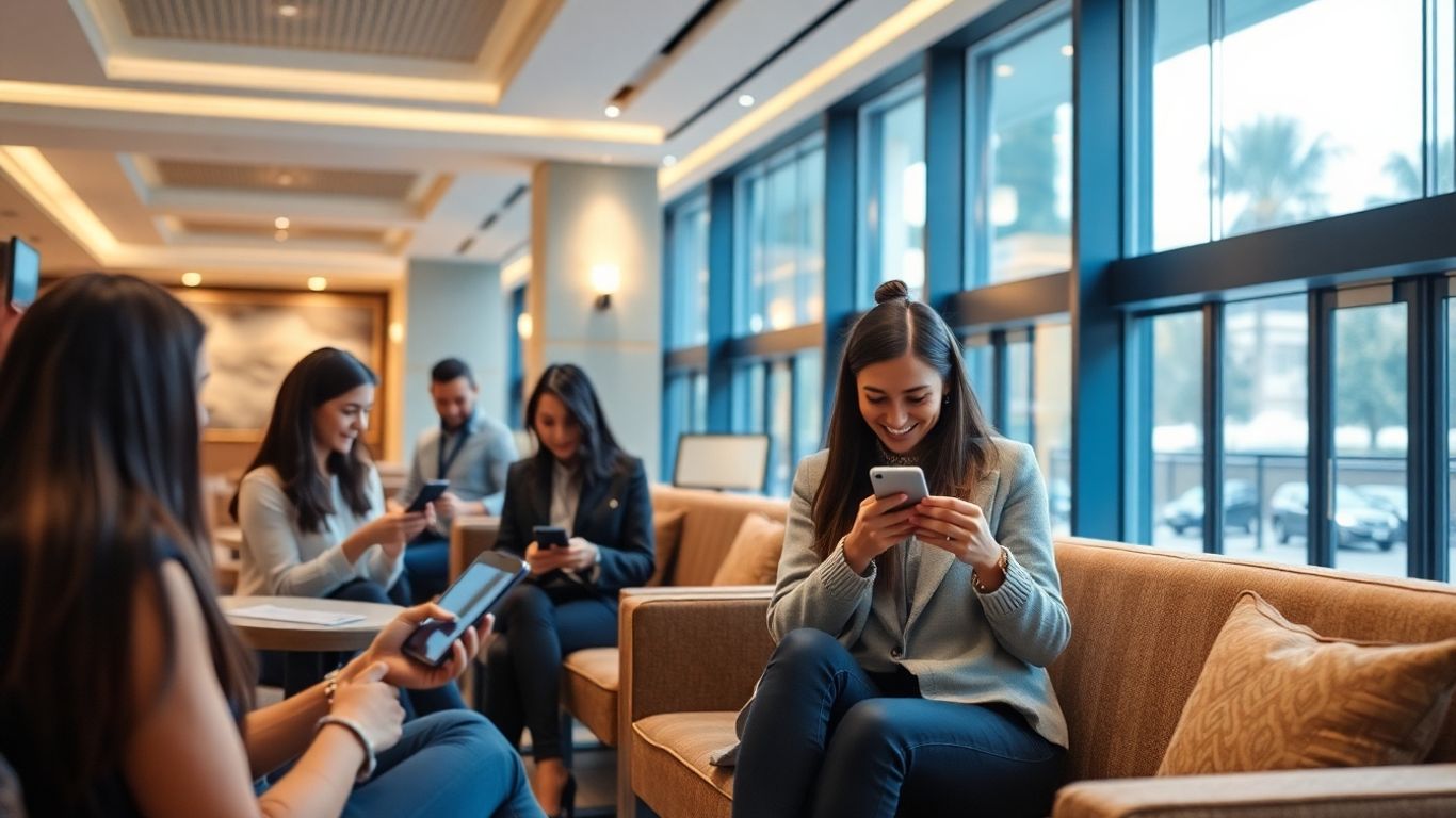 Gostje uporabljajo naprave za komunikacijo v hotelu.