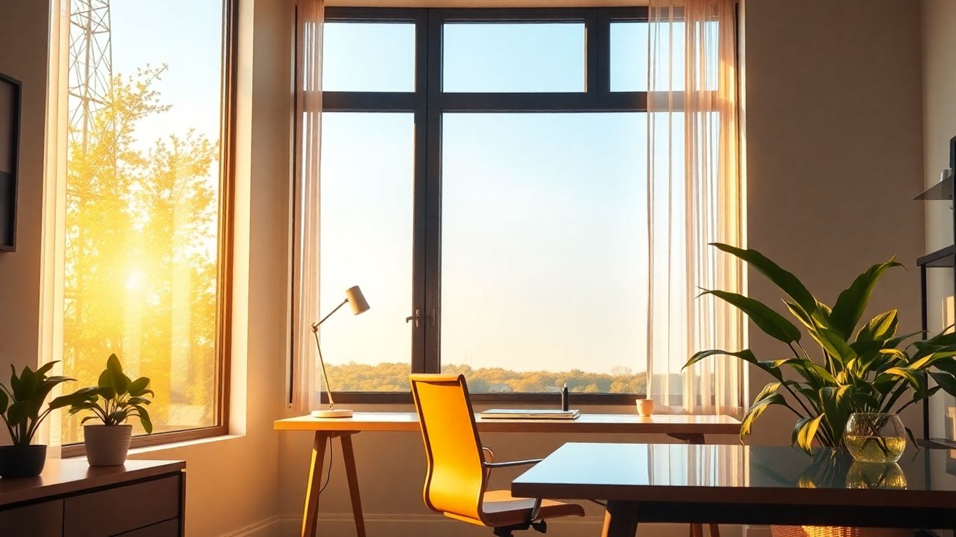 Bright home office with natural light and modern furniture.