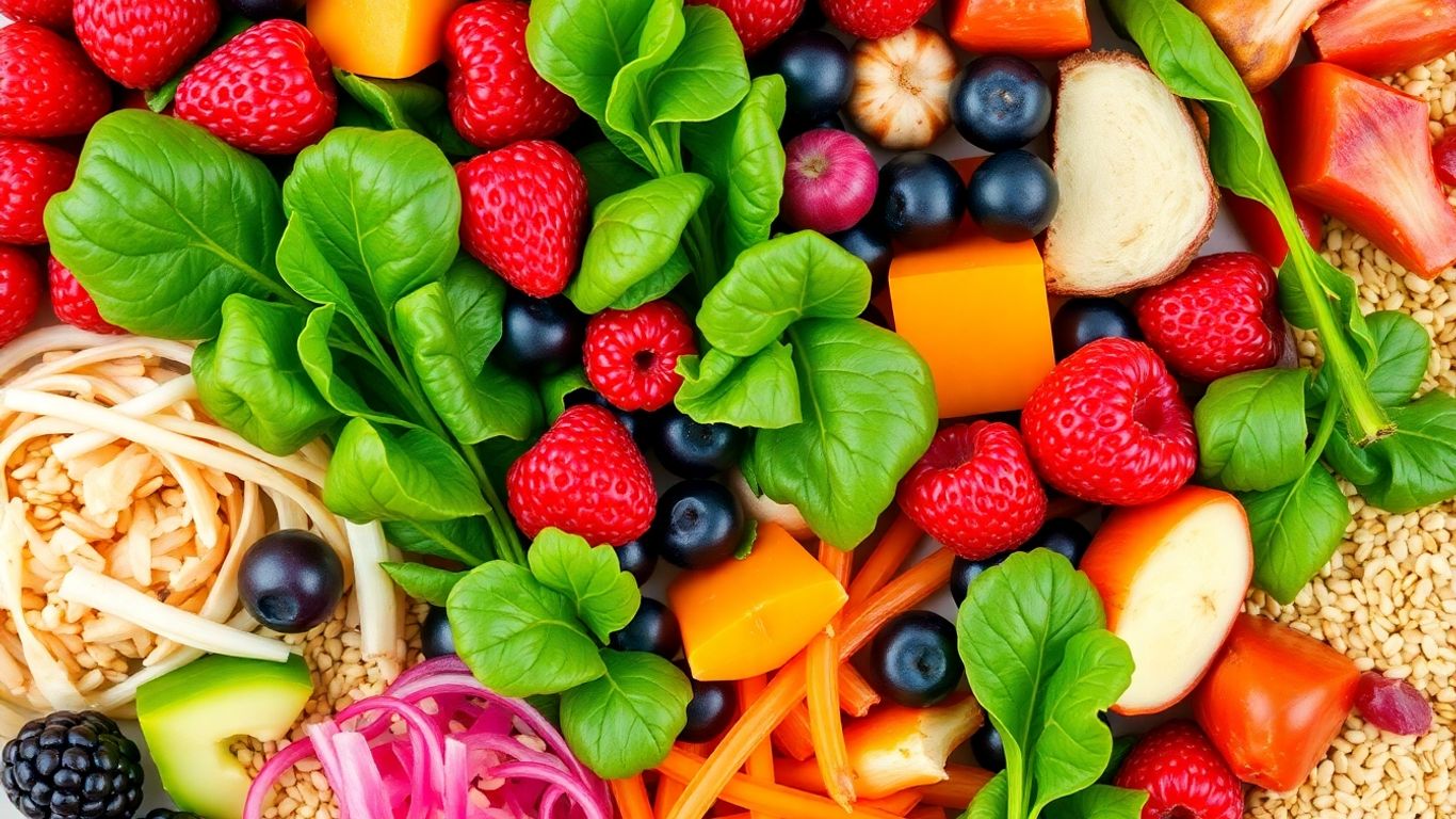 Gut health foods: berries, greens, fermented foods, whole grains.