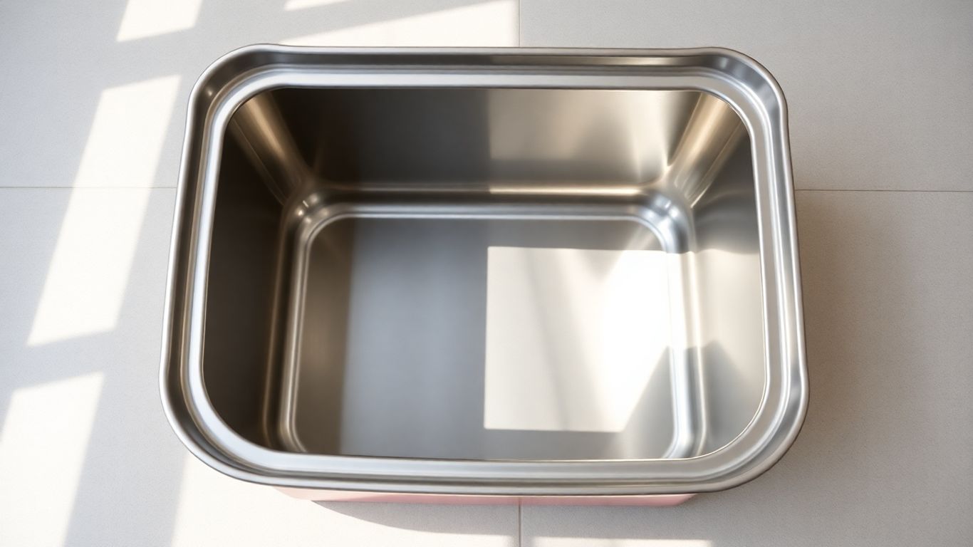 Shiny stainless steel cat litter box on a floor.