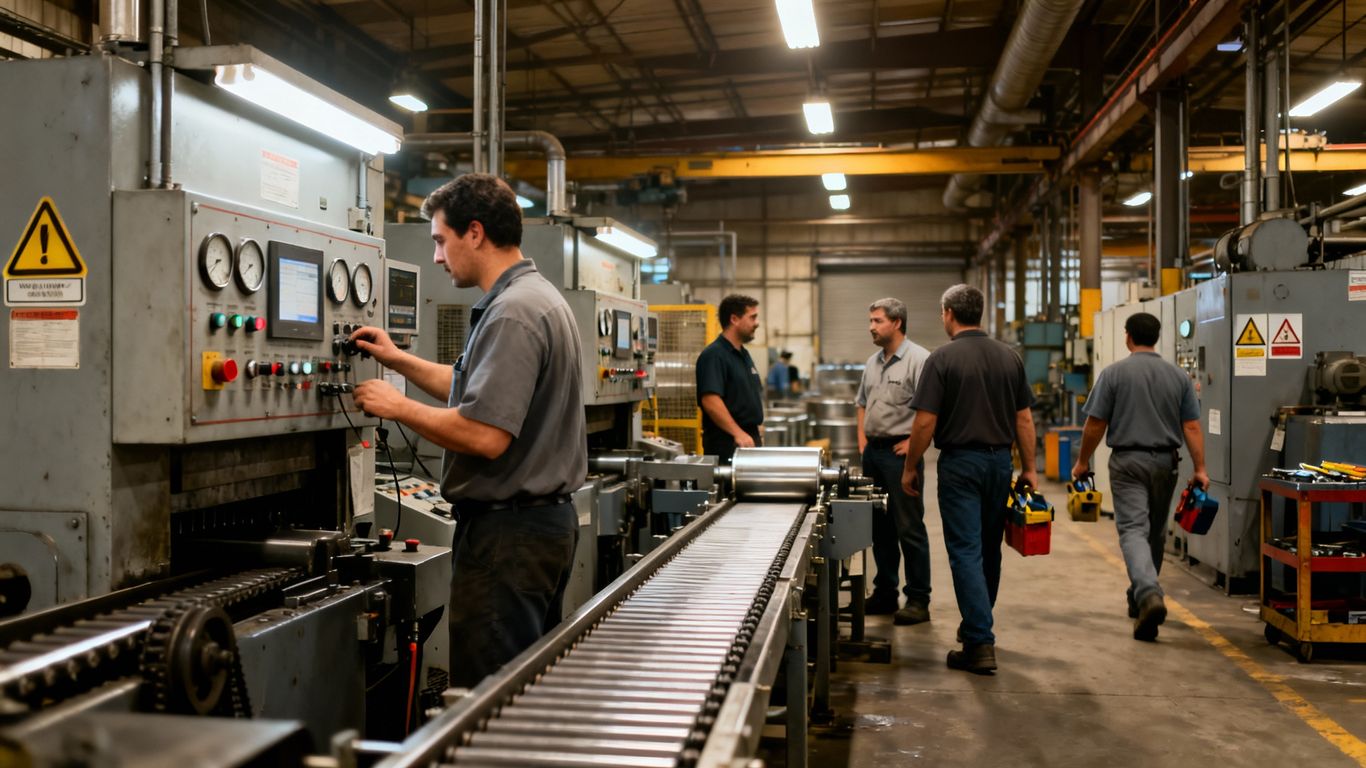 UK manufacturing factory with workers and machinery.