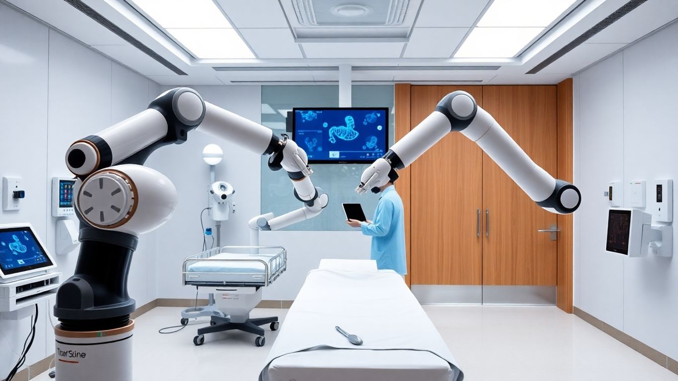 Robotic arms aiding healthcare professionals in a modern hospital.