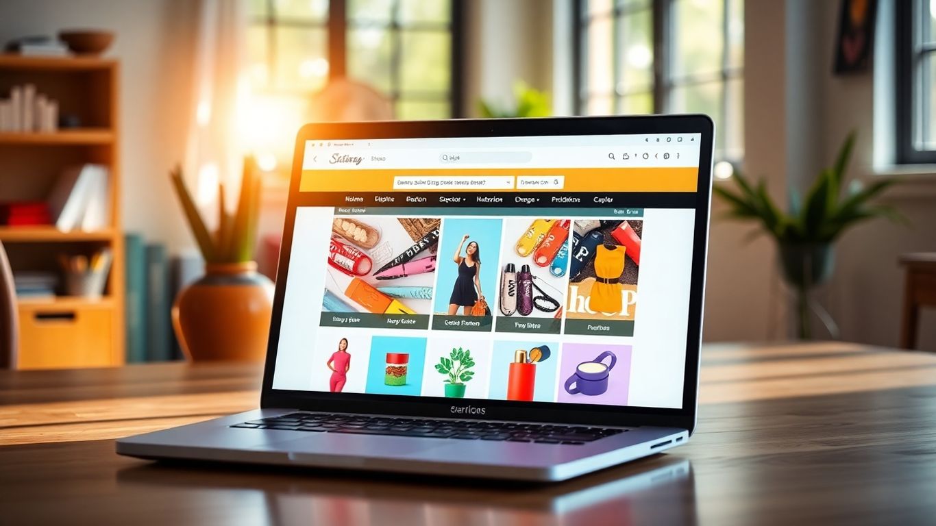 Laptop displaying a colorful online shop interface.