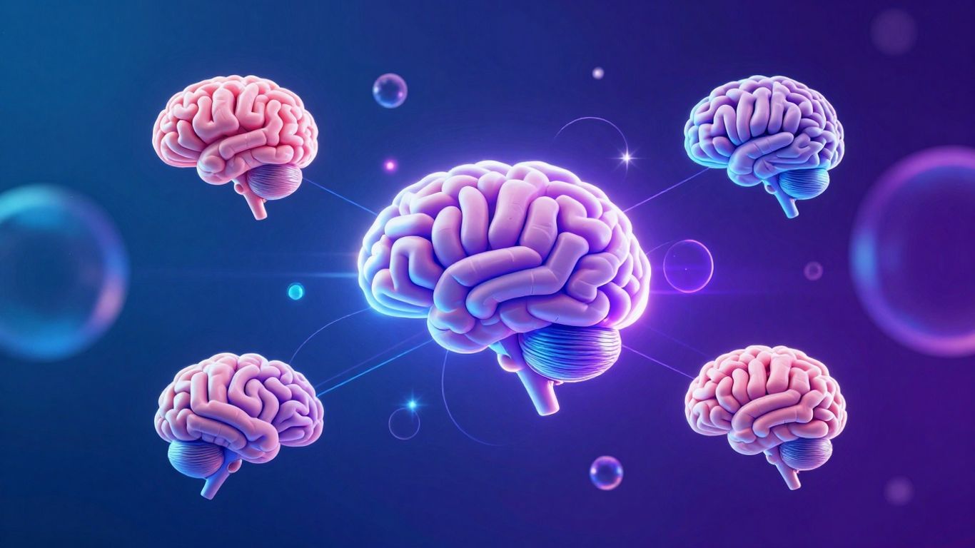 Free AI tools infographic with digital brains and abstract shapes.