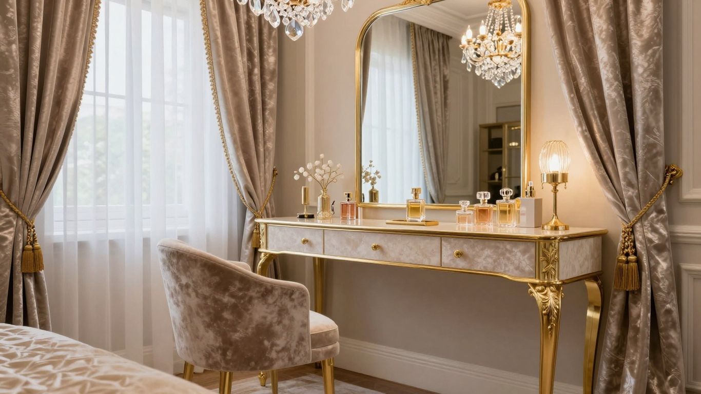 Interior elegant cu accente aurii și lumini ambientale.