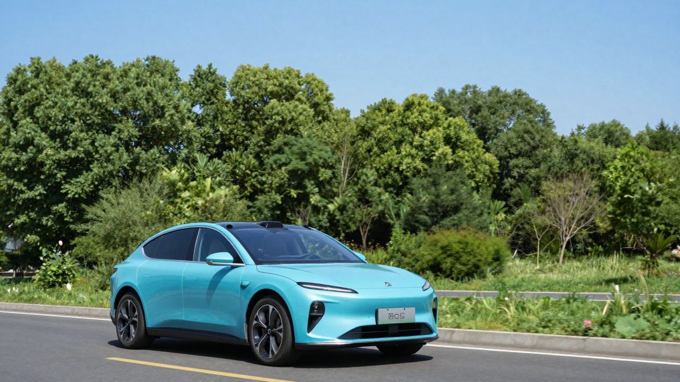 Electric car driving through a green, sunny landscape.