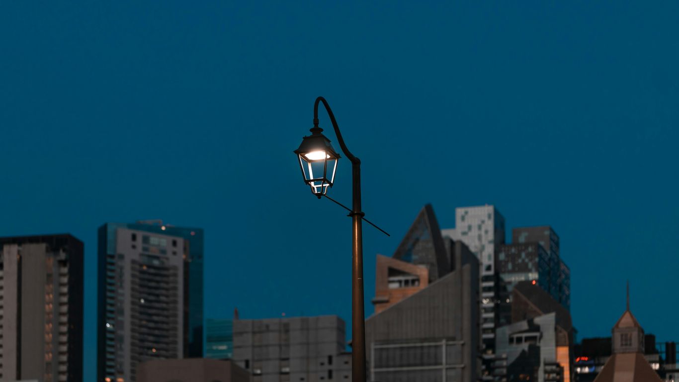 a city skyline with a street light