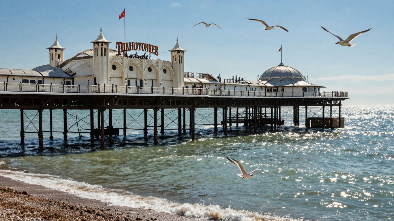 Brighton Pier with seagulls and the sea.