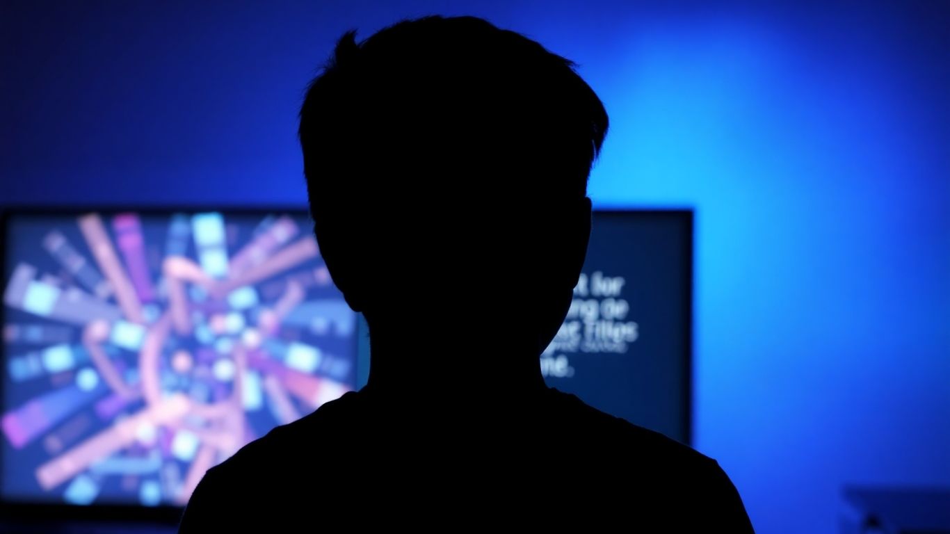 Teenager interacting with glowing digital interface.