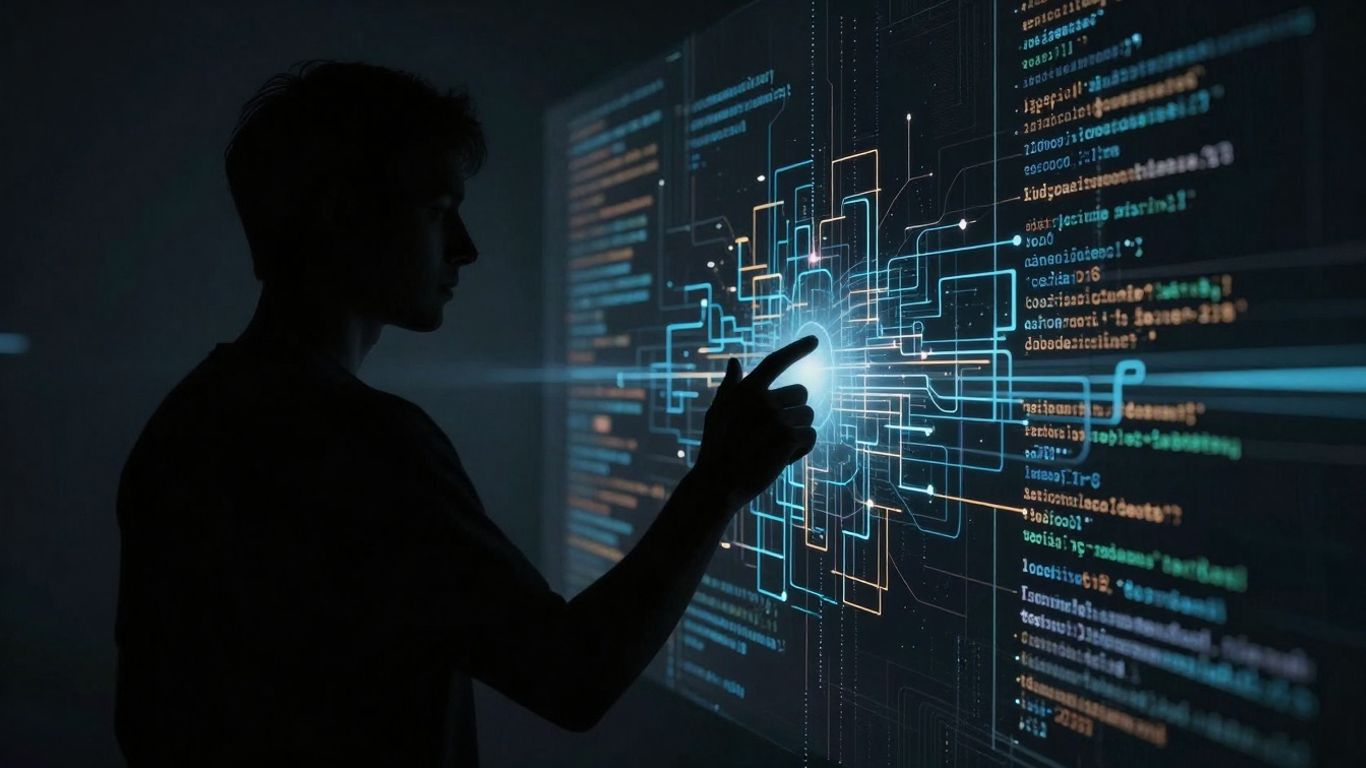 Human and algorithmic elements merging visually.