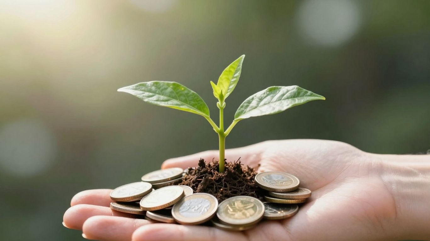 Mãos segurando planta crescendo em moedas douradas.