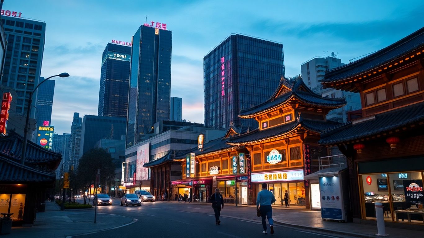 Seoul cityscape with neon lights and traditional buildings.