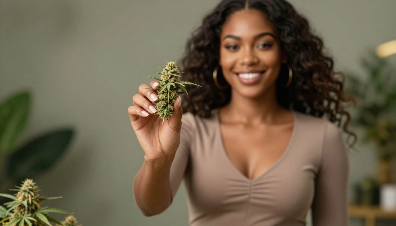 Attractive woman holding cannabis product in a dispensary.