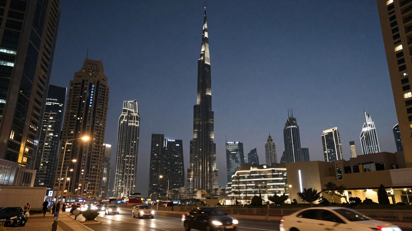 Dubai skyline at dusk with busy street in foreground.