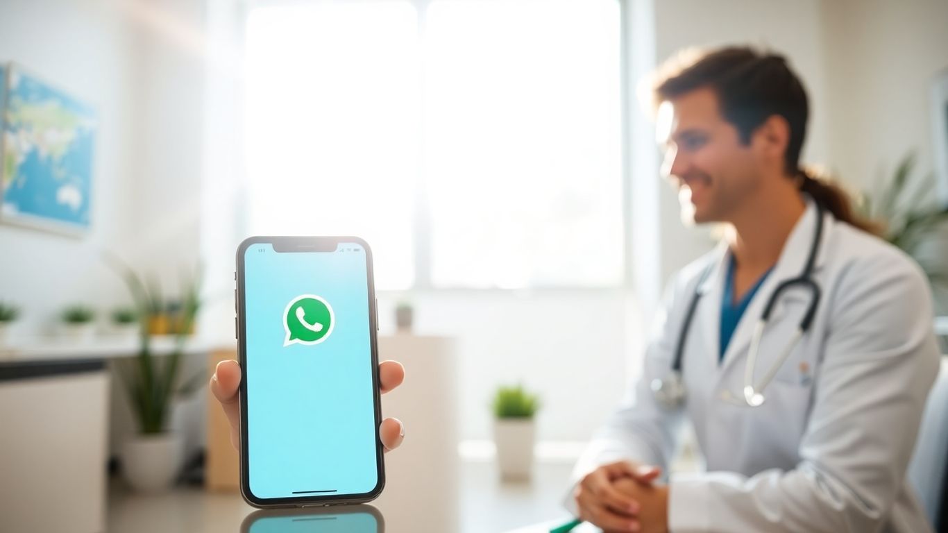 Clinic staff using WhatsApp on a smartphone.
