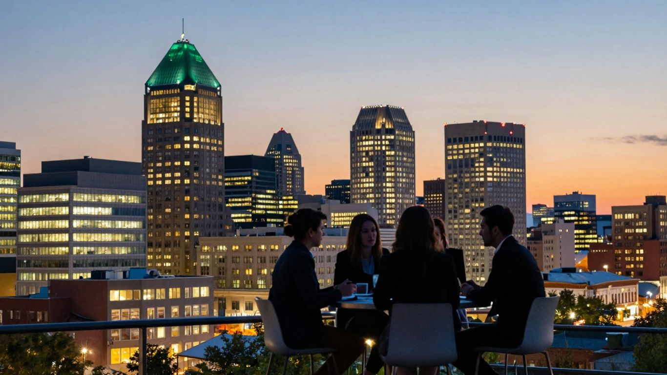 Winnipeg skyline and marketing professionals collaborating.