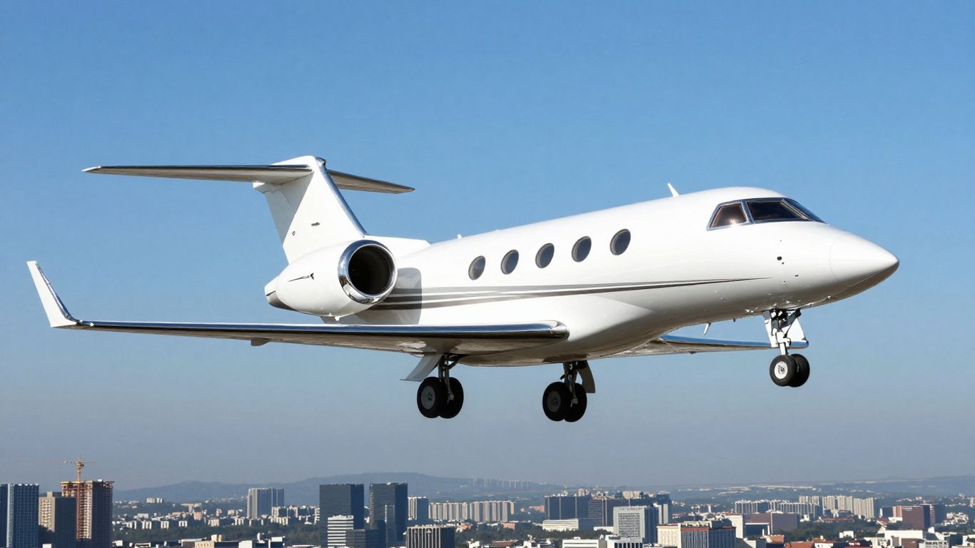 Private jet flying over a city
