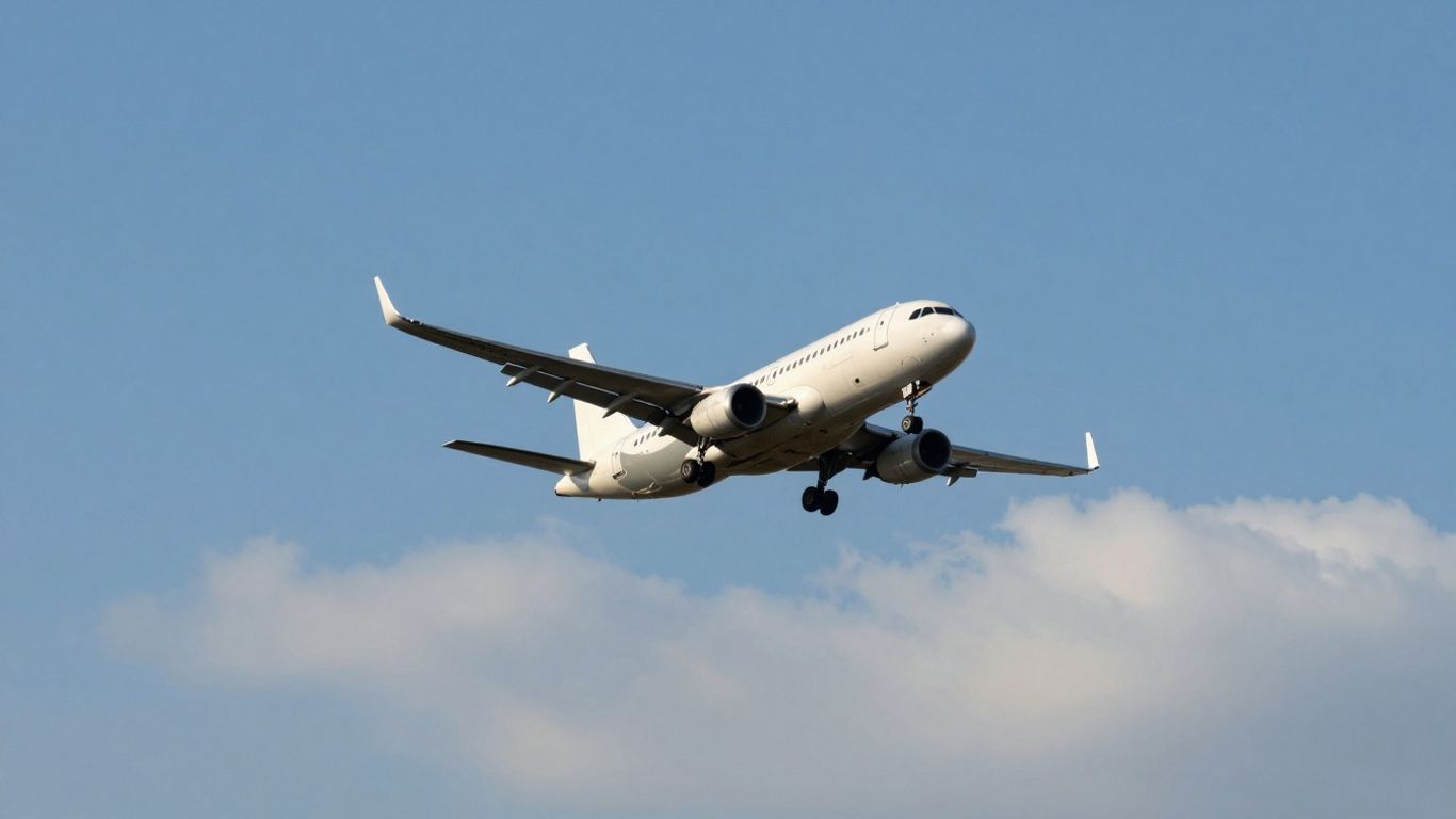 Airplane flying through the sky above clouds.