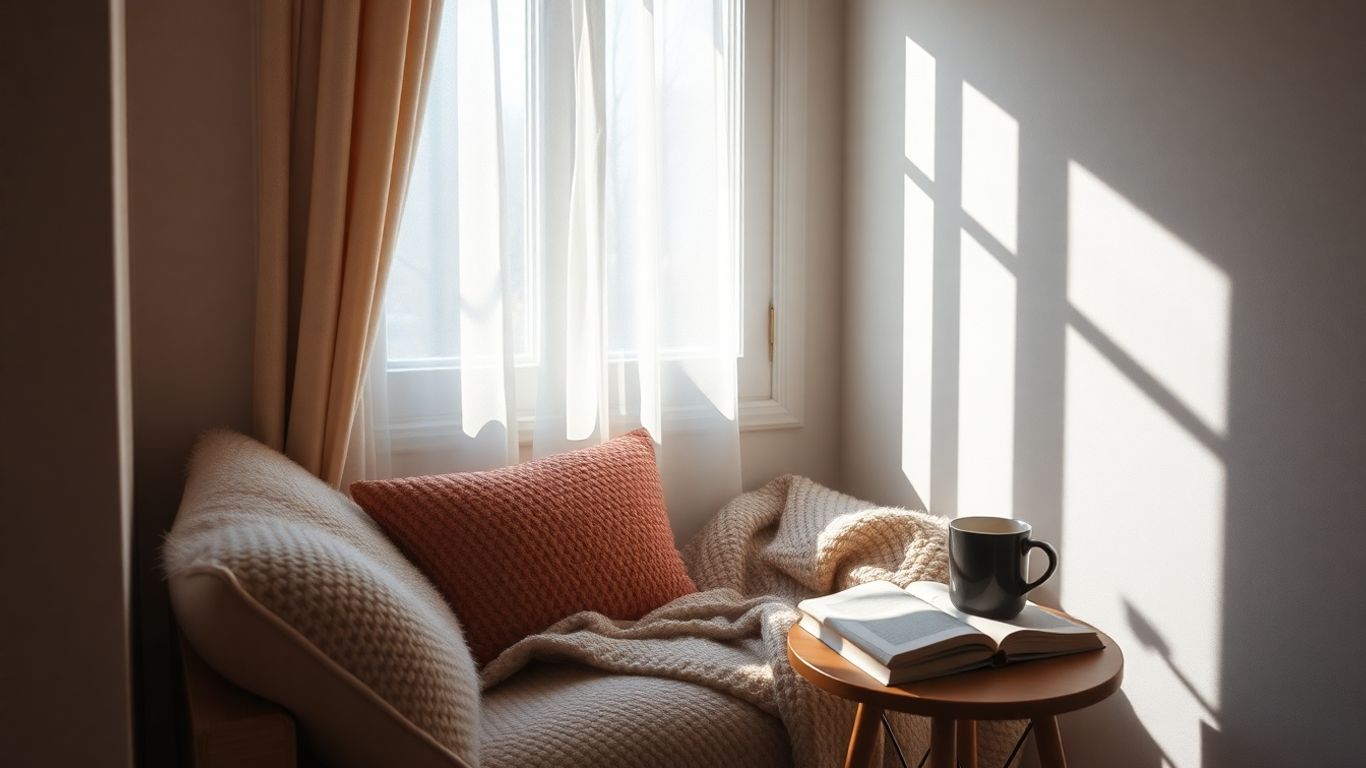Cozy reading nook with plush cushions and soft natural light.