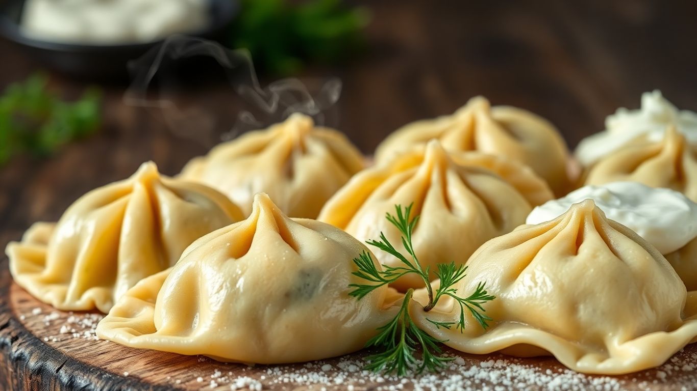 Golden-brown pierogi with sour cream and dill.