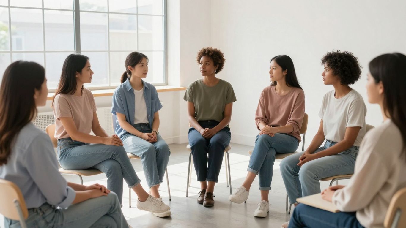 Oameni echilibrați interacționând pașnic într-un spațiu modern.