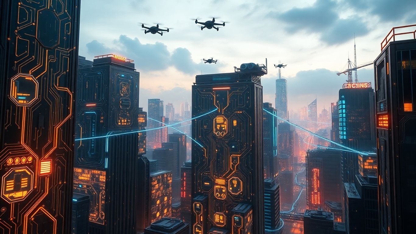 Futuristic cityscape with integrated circuits and flying drones.