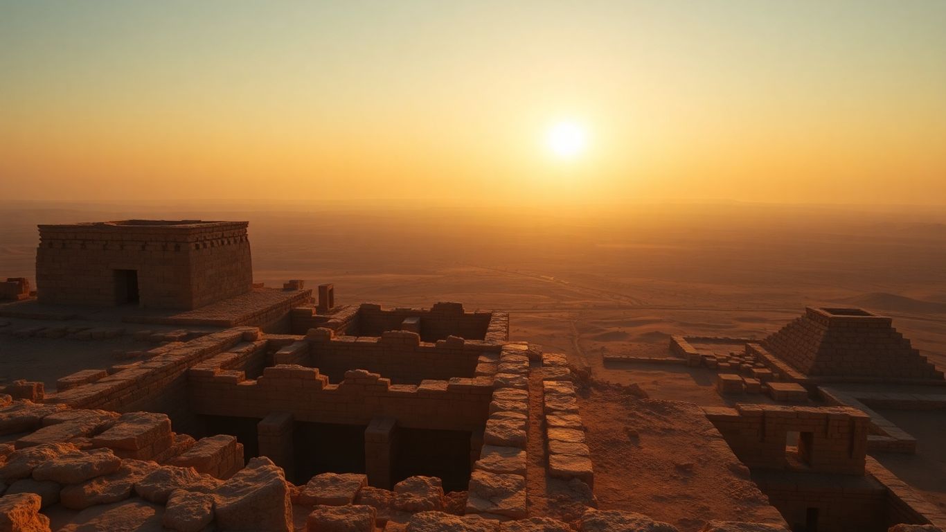 Ruínas antigas sob um pôr do sol.