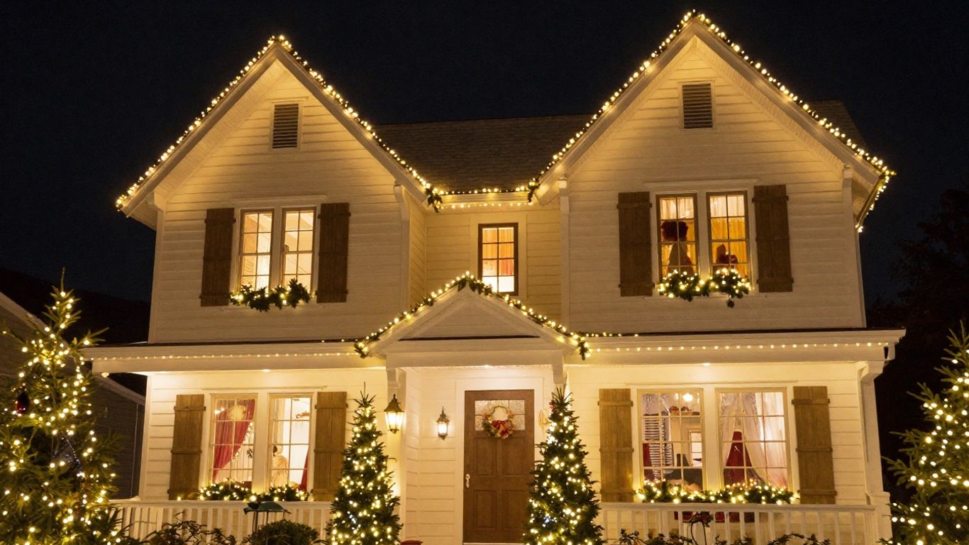 House with permanent Christmas lights glowing at night.