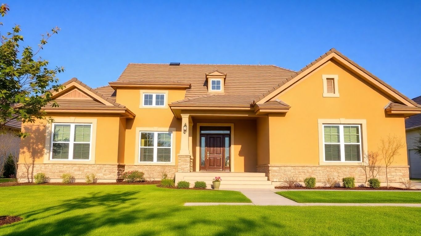 Casa moderna con césped y cielo azul.