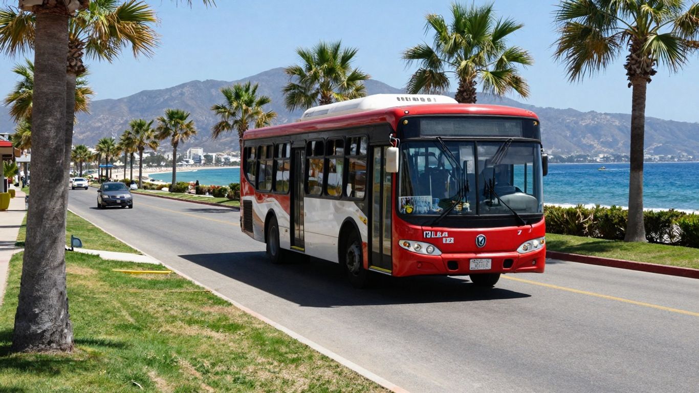 Cabo bus driving on coastal road with ocean view.