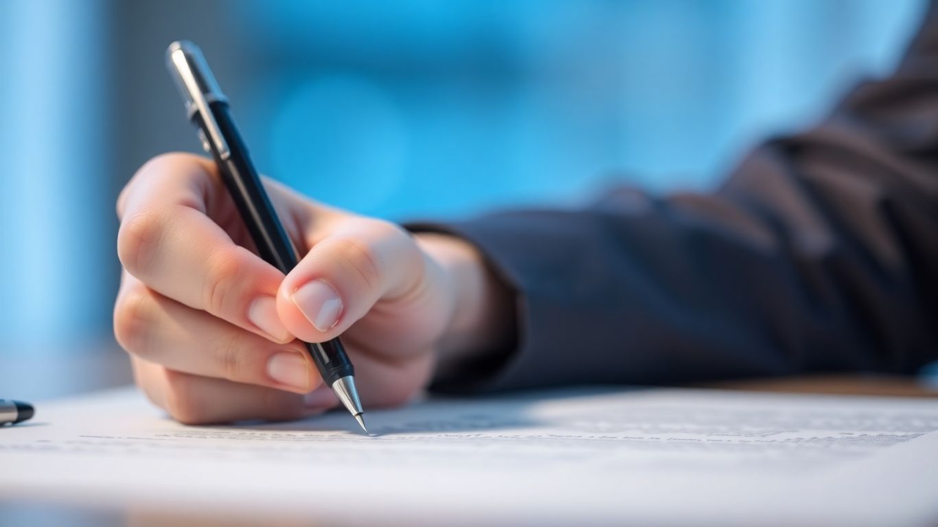 Checkliste: Welche Pflichtangaben müssen in einem Werkvertrag stehen? Hand hält Stift über Dokument, bereit zur Unterschrift.
