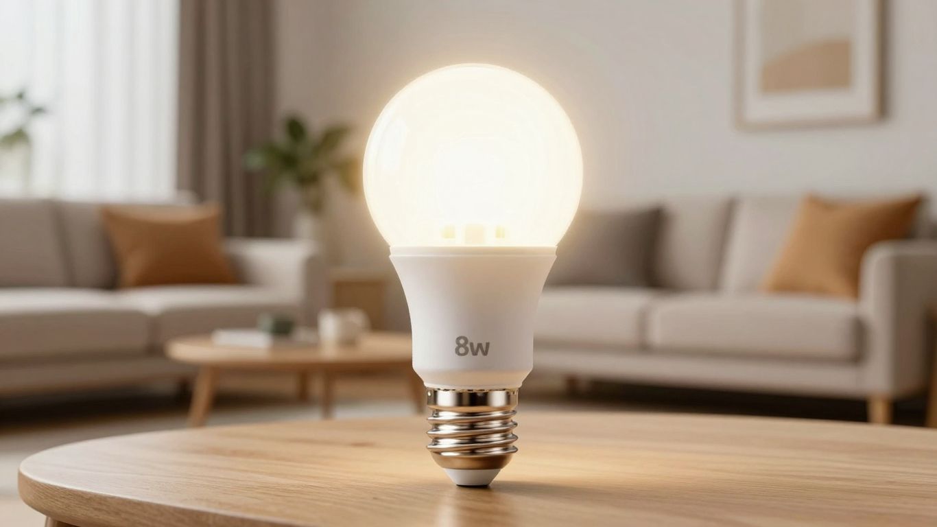 Bright 8w LED bulb in a modern living room.